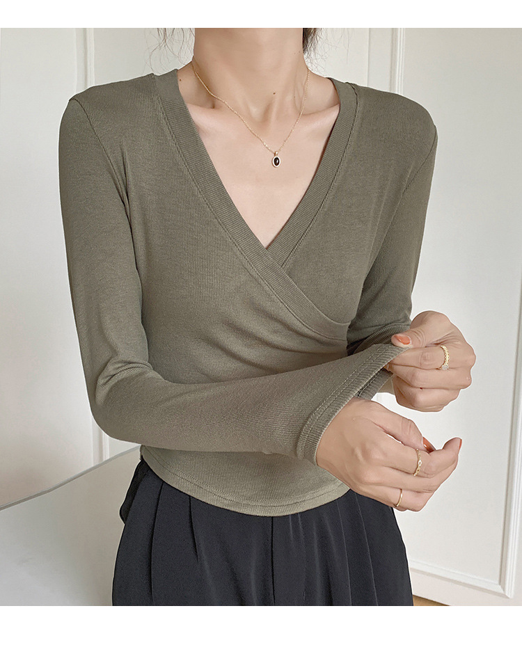 A new French cross-V-neck top for women, featuring a versatile Korean long-sleeved T-shirt with a unique design sense pic 14