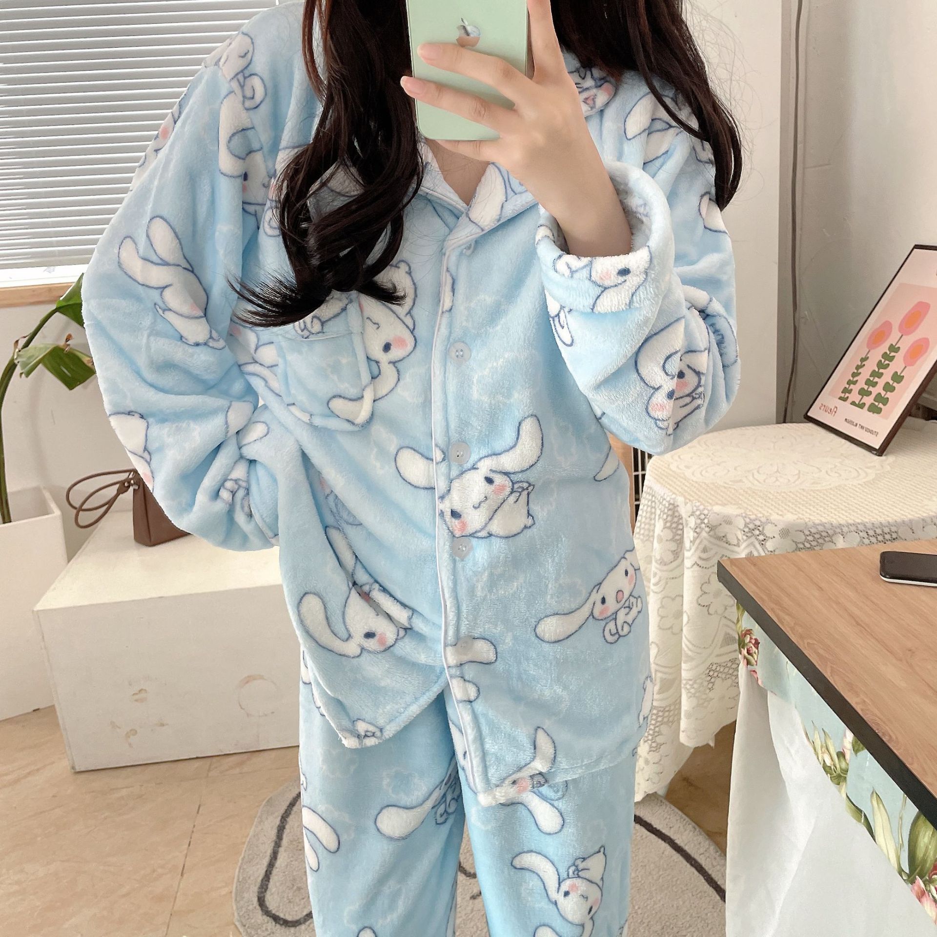 冬季法兰绒女士睡衣翻领开衫长袖长裤少女卡通可爱保暖家居服套装详情39