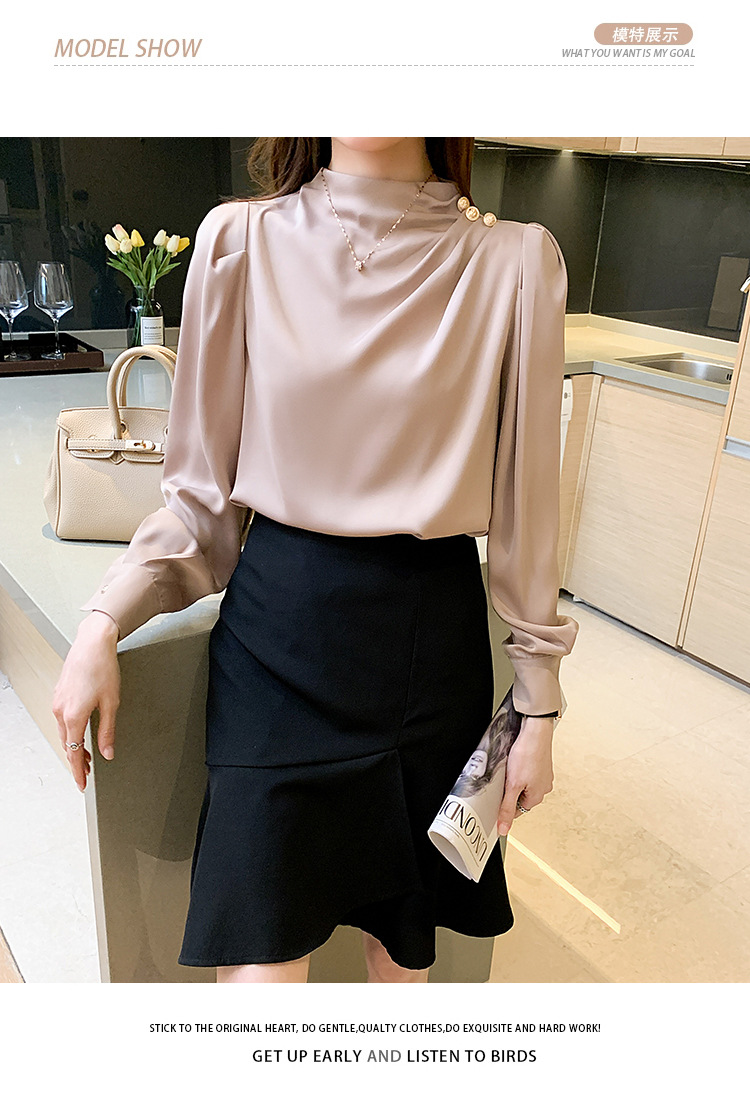 外贸供货2023轻熟气质立领褶皱灯笼袖时尚长袖上衣宽松女士衬衫详情13