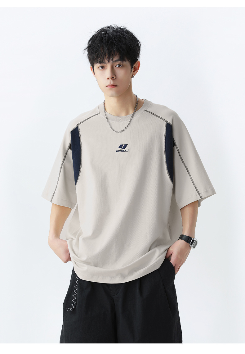 Retro embroidered pure cotton short-sleeved T-shirt for men, a new summer style with contrasting colors and bright thread patchwork design, an American trendy brand T-shirt pic 19