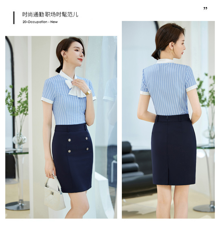 Fashionable work clothes, elegant blue striped shirt, female sales white-collar worker, formal summer short-sleeved XN6803 pic 14