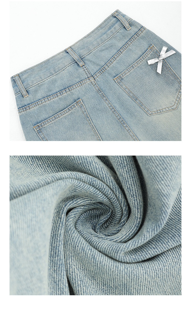 Large-sized retro three-dimensional bow ripped jeans for women with a summer design sense, high-waisted straight-leg loose wide-leg pants pic 6