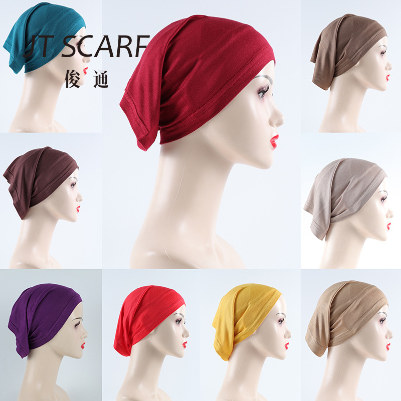 26色纯色人棉小帽加人棉长巾套装 丝光棉头巾一体套搭配详情6