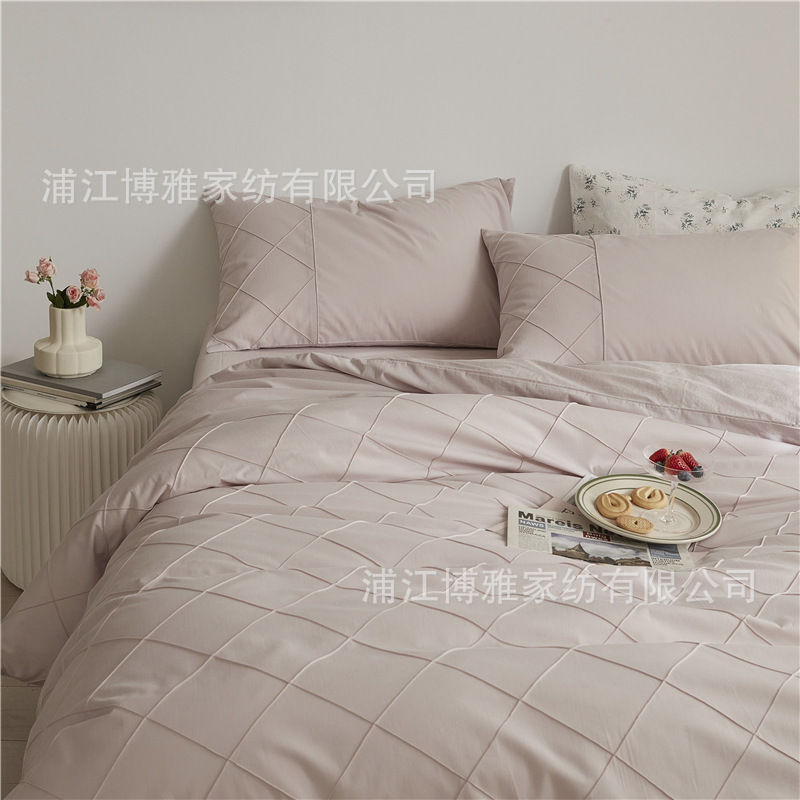 Wholesale of high-quality three or four-piece sets of washed cotton 40-count hand-knitted rhombus-shaped checkered plain pure cotton bedding pic 42