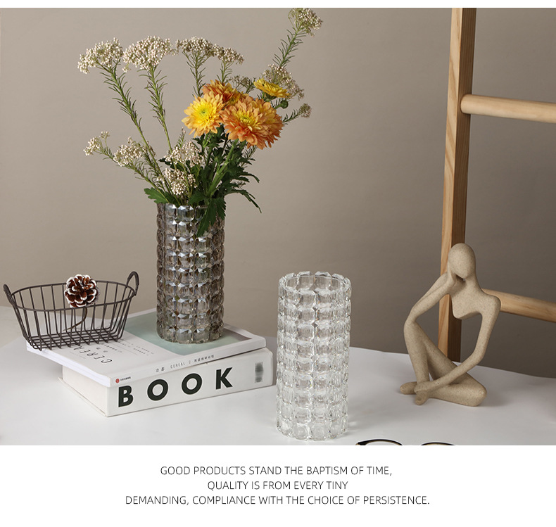 Pastoral simple crystal glass vase, living room dining table flower vase, transparent checkered fresh flower round straight tube vase pic 10