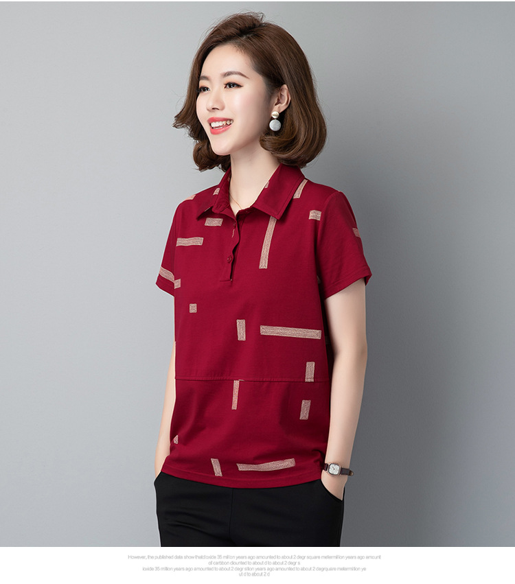 Mamá verano manga corta camiseta mujer 2021 nueva moda chic media edad mujer top algodón polo cuello pic 15