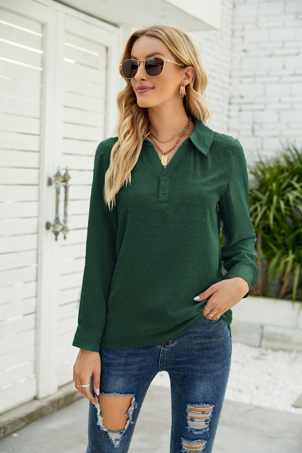 跨境欧美女装亚马逊秋冬新款立领长袖衬衫提花毛球休闲宽松上衣女详情19