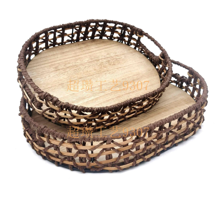 Retro wooden straw woven tray, Japanese-style woven fruit plate, household hand-held bread basket, afternoon tea snack basket pic 3