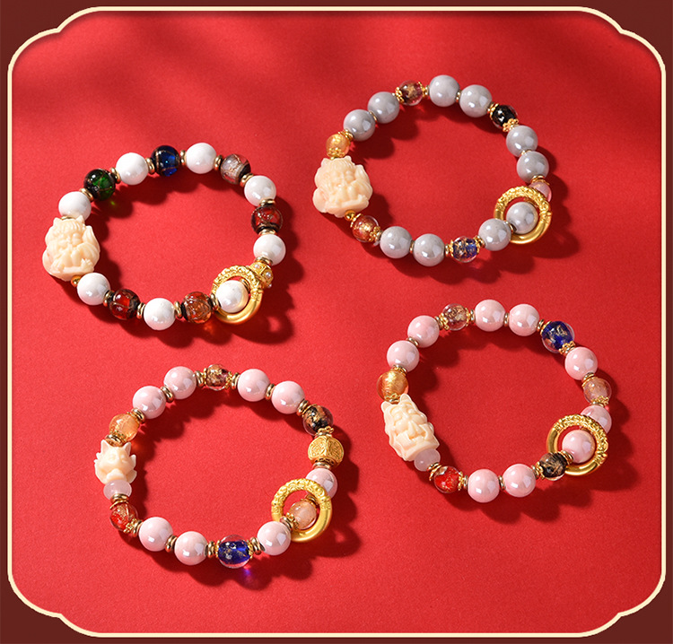 北京九尾狐香灰琉璃手串瓷陶瓷手链国潮宫廷风礼物粉晶编织详情12