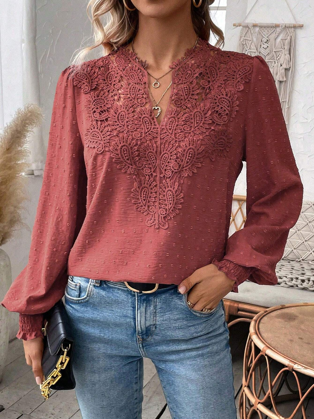 The new autumn and winter fashion V-neck lace solid color long-sleeved casual T-shirt for women on Amazon Cross-border in Europe and America in 2024 pic 22