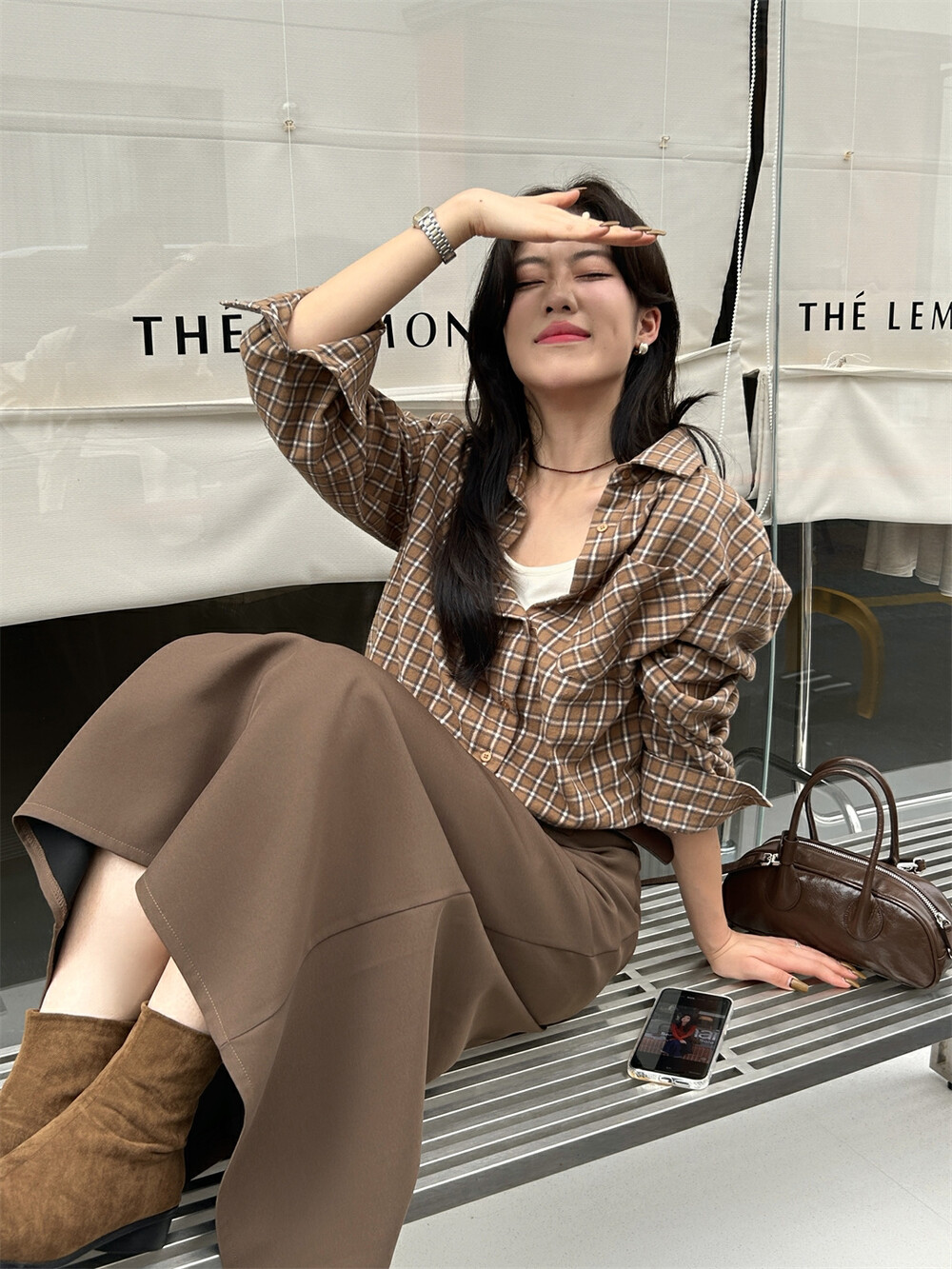 THE LEMON柠檬绿茶设计感宽松显瘦休闲ins假两件格纹衬衫女秋季详情17