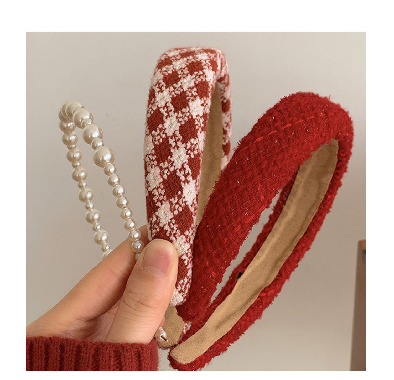 2024 New Year Spring Retro Hong Kong-style wine red velvet headband with checkered French sponge high top headband pic 5