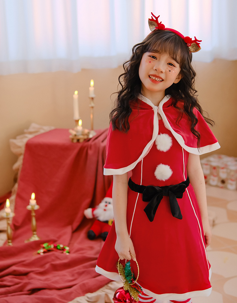 圣诞节儿童服装女童披肩斗篷连衣裙红色裙子派对装扮服饰圣诞老人详情5