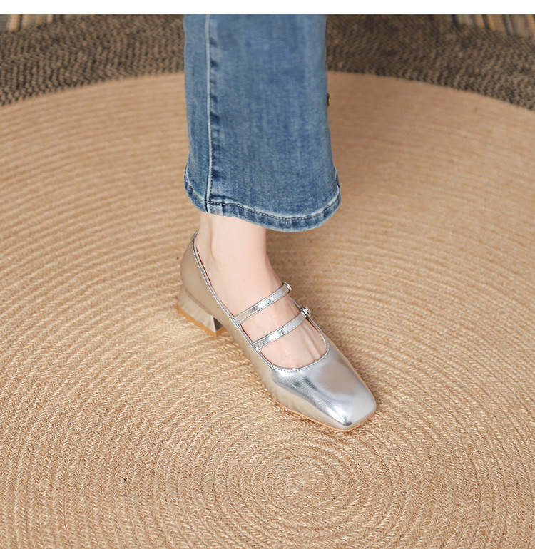The new 2024 Spring/autumn collection of Mary Jane shoes, featuring a stylish square-toed one-shoulder style, is made of genuine leather with a shallow opening, thick mid-heel, and is a wedding shoe pic 21