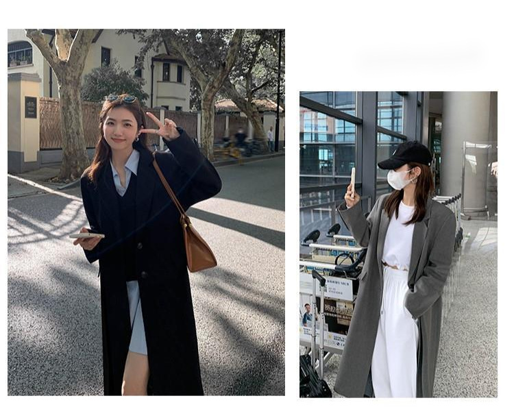 黑色中长款西装领风衣外套女2022年秋冬新款韩版休闲气质过膝大衣详情7
