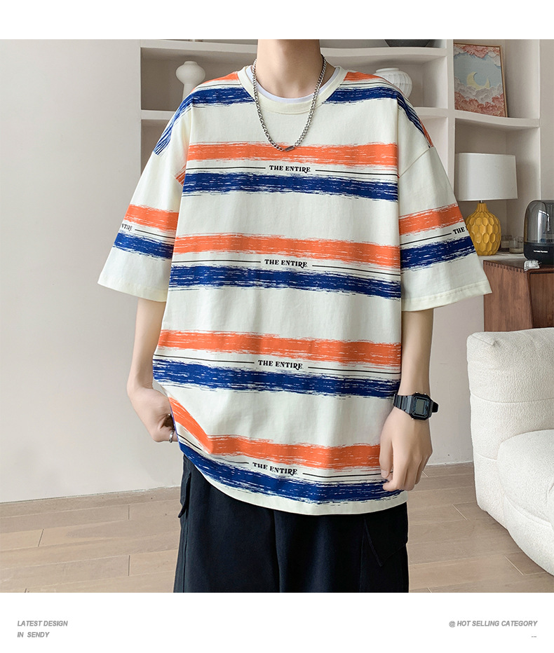 全棉条纹短袖T恤男2024港风青少年百搭宽松五分袖纯棉体恤衣服潮详情17