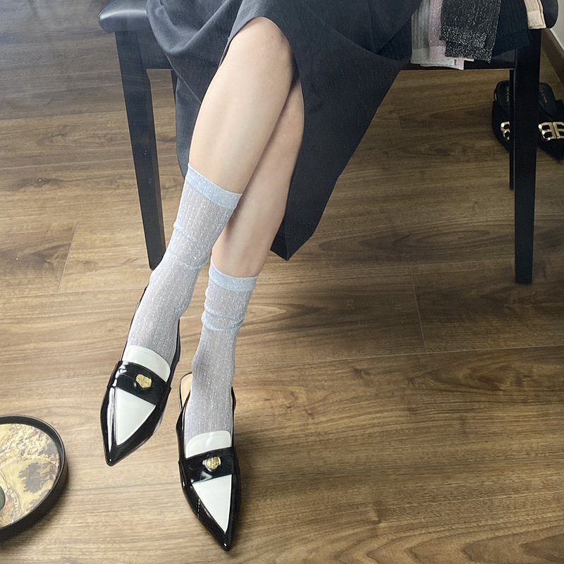 新春夏秋季韩国东大门亮银丝洋气丝袜中筒条纹长袜堆堆袜INS潮袜详情16