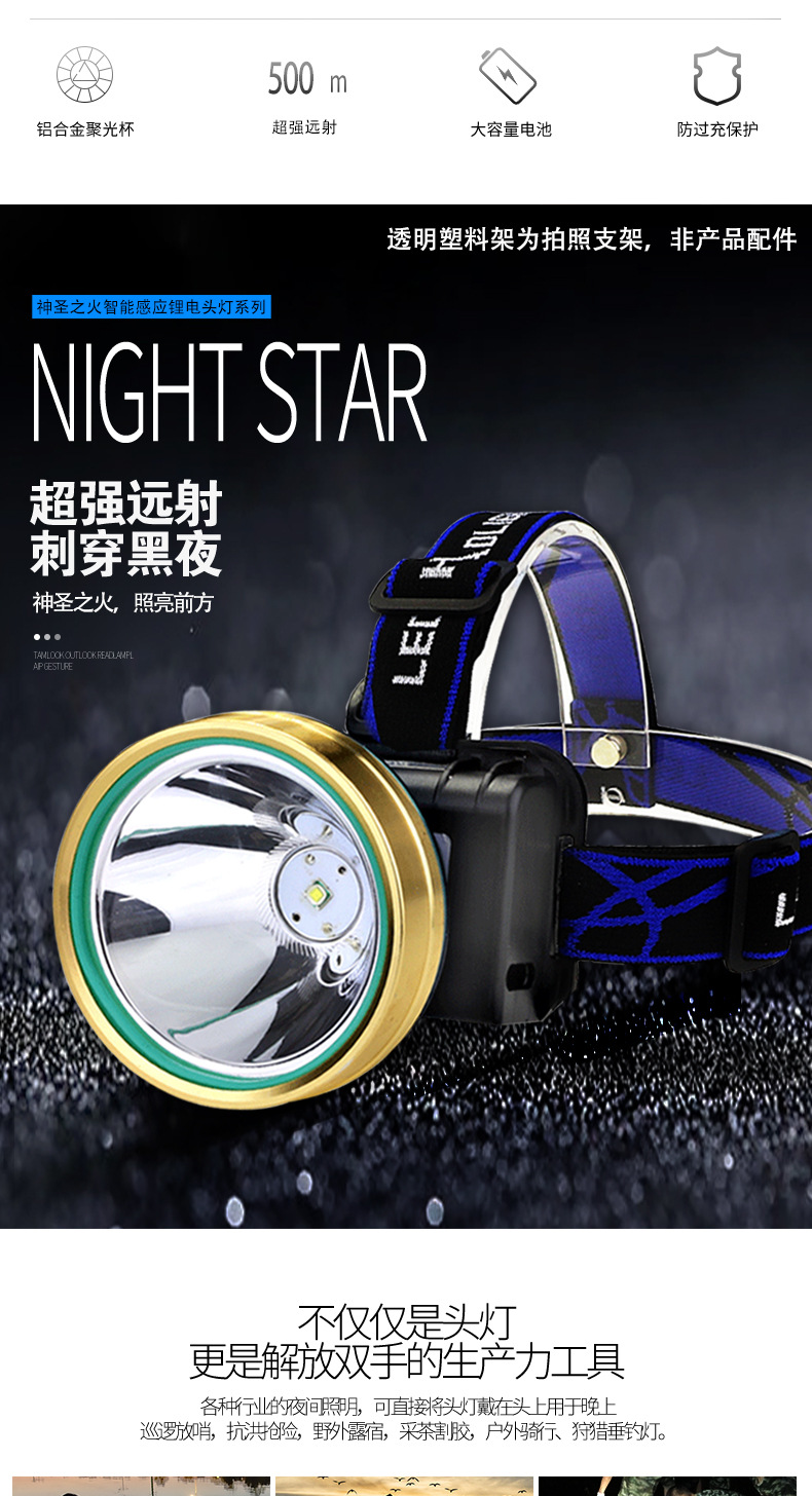 厂家直销 LED强光头灯防水头戴式夜钓钓鱼灯可充电户外 感应头灯 pic 2