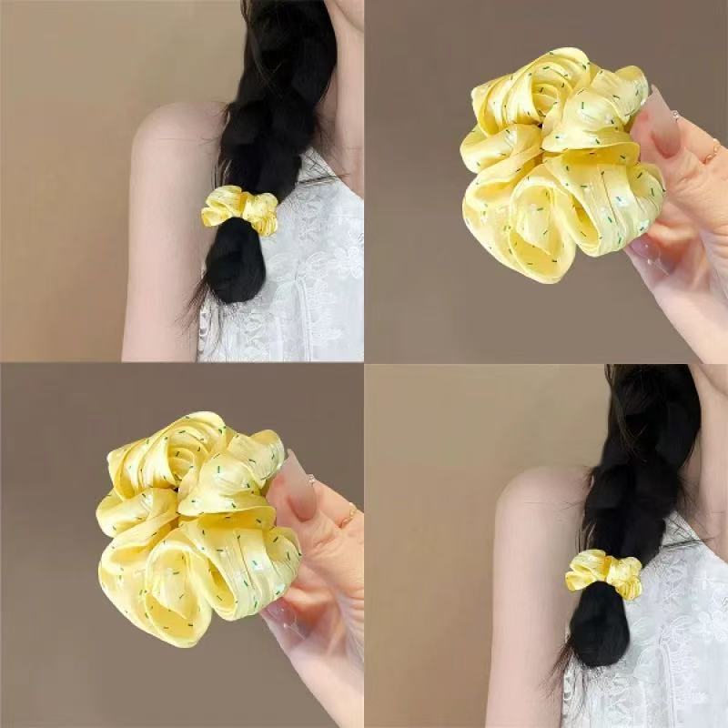 小清新春夏新款黄色绸缎大肠发圈女花朵碎花马卡龙色头花发绳盘发详情1