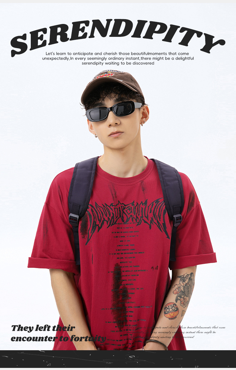 手绘印花纯棉T恤男2024夏季美式休闲情侣短袖做旧擦色复古体恤衫q详情1