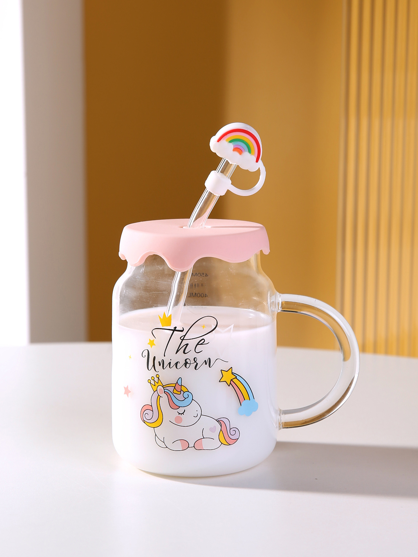 家用高颜值可爱卡通独角兽玻璃杯带盖带吸管女生办公室早餐牛奶杯详情13