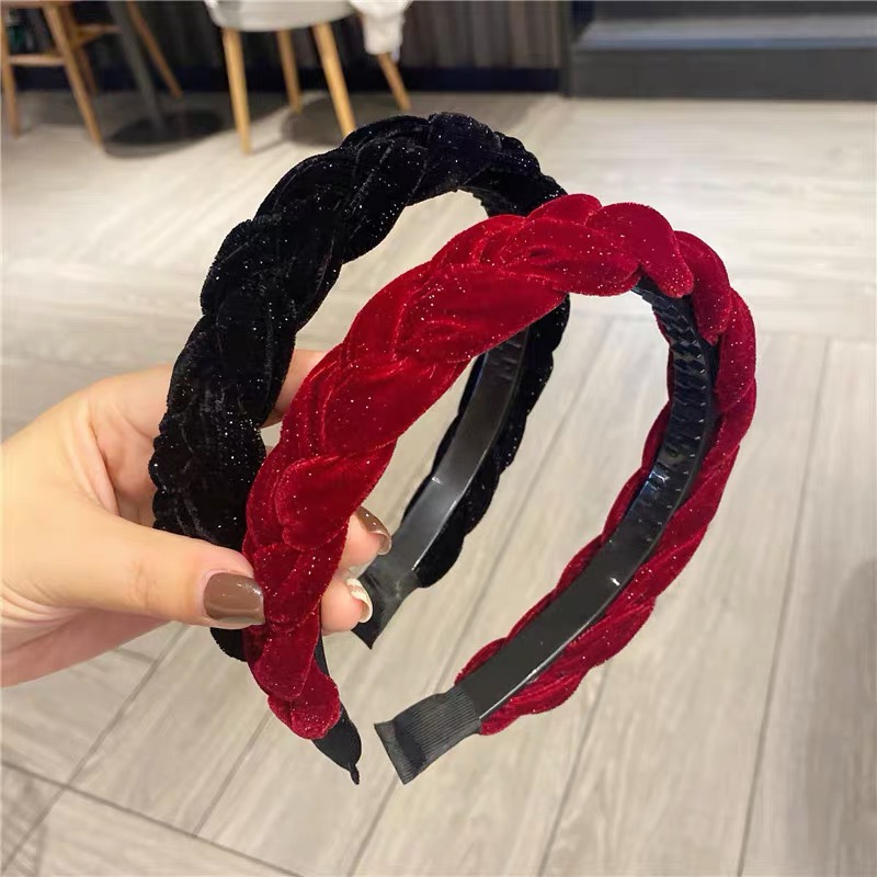 麻花手工编织发箍韩国复古金丝绒发卡高颅顶发窟带齿防滑简约气质详情3