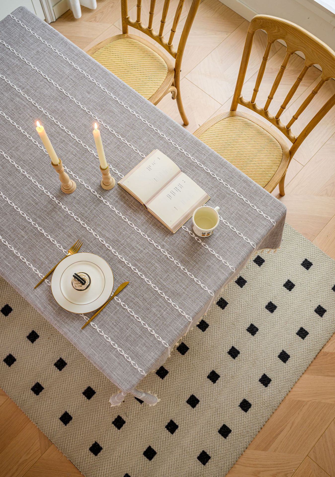 Cross-border three-dimensional embroidered striped tablecloth, popular black solid color, white cotton and linen tablecloth cover, fabric outdoor party pic 96