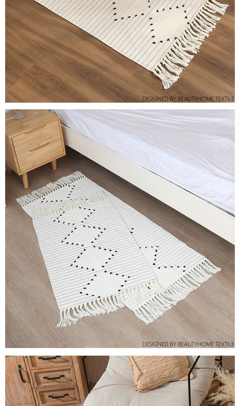 Cotton thread woven cut flower carpet, ethnic-style floor mat for home living room, simple bedroom bed and front of bed tassel foot mat pic 8