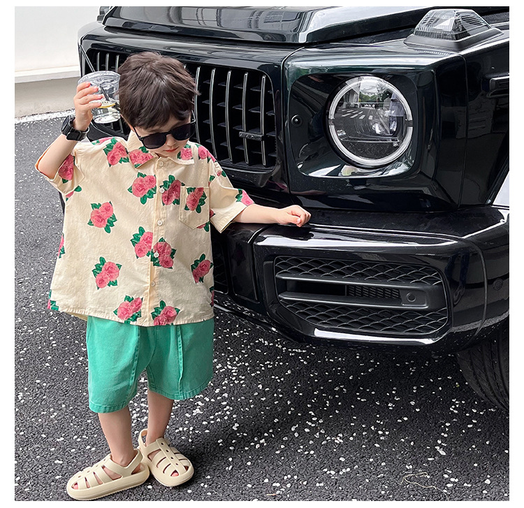 儿童衬衫2023童酷夏装韩版洋气宝宝上衣帅气玫瑰花满印男童衬衣潮详情18