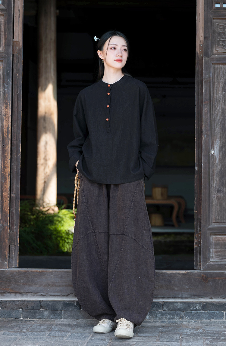 2024春夏棉麻女装新品亚麻立领拼色盘扣套头大码上衣女式棉麻衬衫详情28