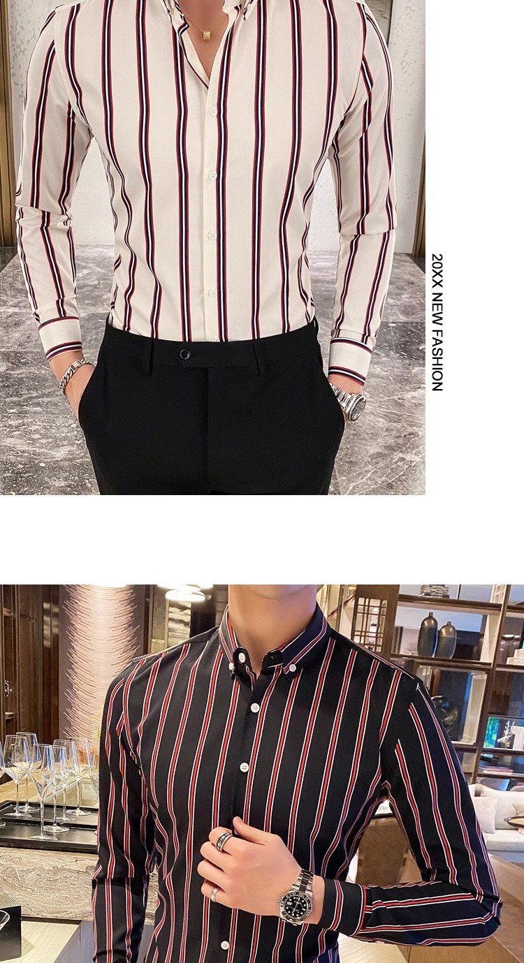 2025春季新款时尚条纹男士长袖衬衫显瘦韩版时尚修身青年帅气衬衣详情8