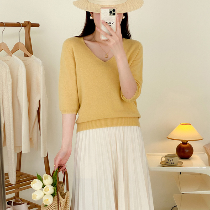 V-neck full wool knitted sweater for slimming and elegant look, seven-inch sleeve pullover wool sweater, sweater top #23127 pic 20
