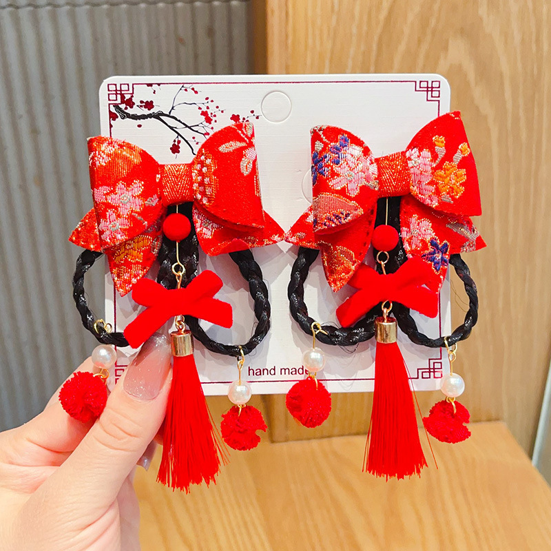 新年款红色古风流苏发夹儿童汉服发卡头饰女童复古蝴蝶结发夹发饰详情49