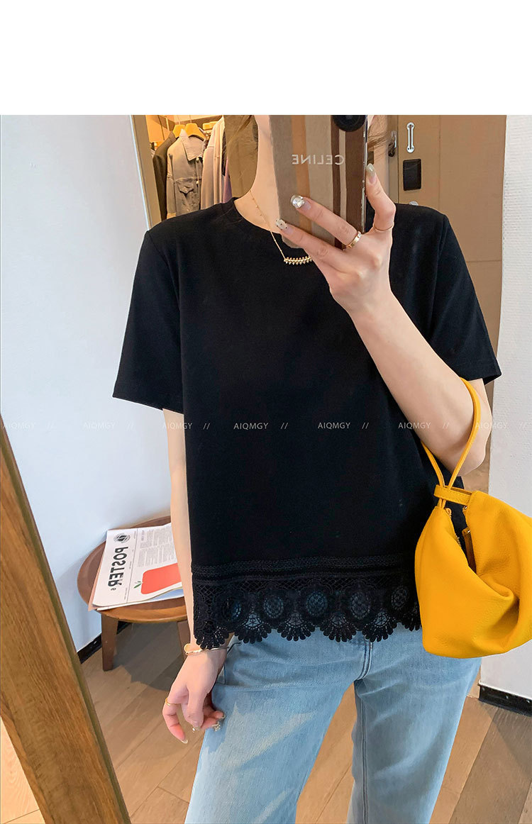 A new loose top for women in the summer of 2025, featuring a white round-neck short-sleeved lace trim patchwork T-shirt pic 10