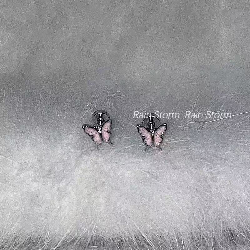 粉白蝴蝶韩版韩式平底耳骨钉钛钢拧螺丝耳蜗钉小众气质滴釉耳钉详情5