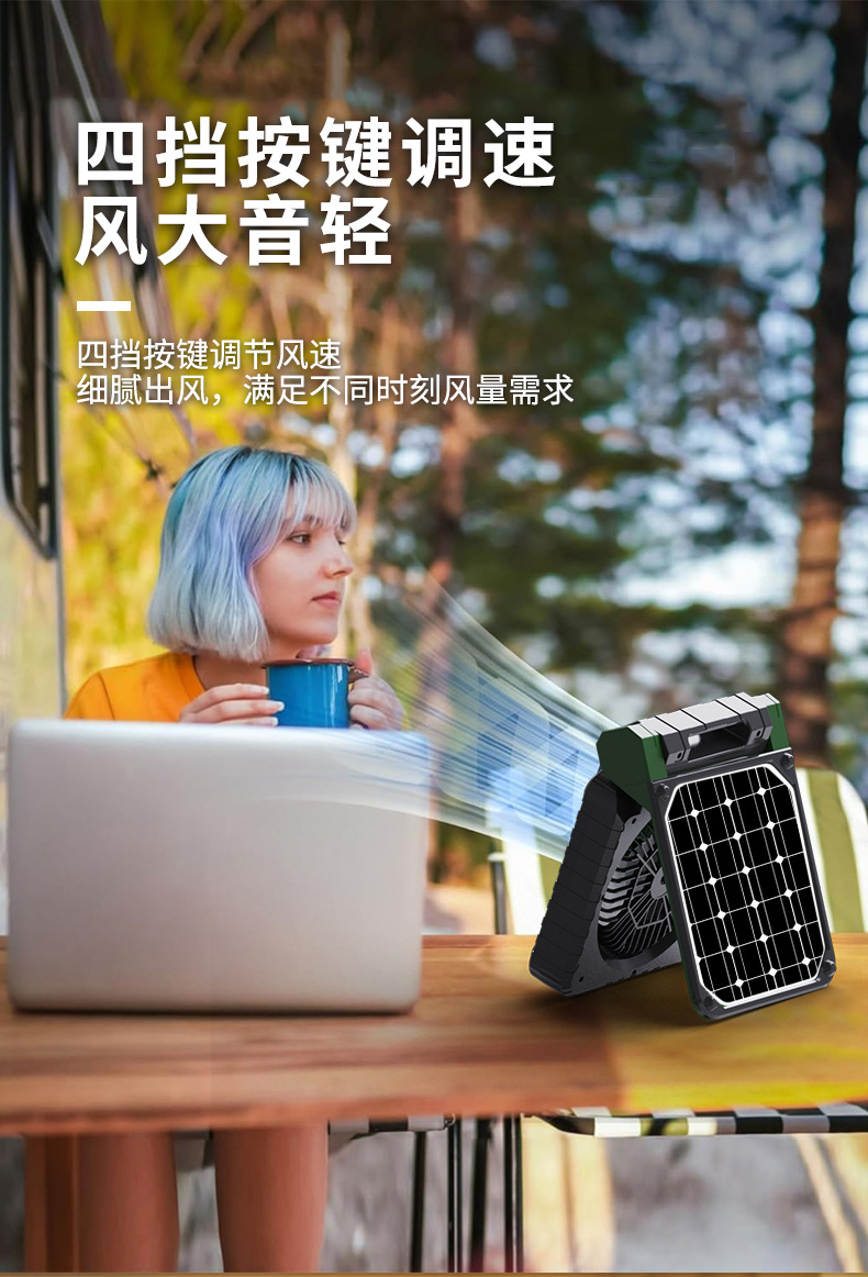 睿燊 品牌跨境私模露营太阳能充电小风扇USB可折叠跑马灯户外桌面史迪仔款详情7