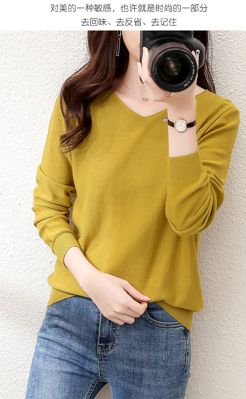 2023秋季女装全纯色棉麻针织T恤女V领长袖文艺大码外贸厂家批代发详情10