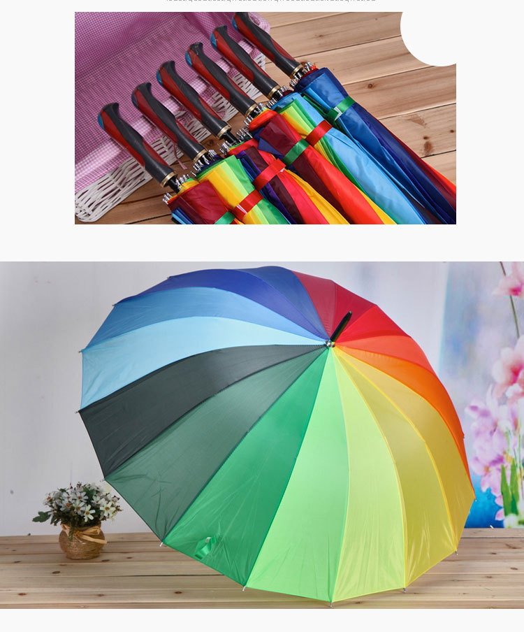 Factory direct sales: 16-bone gradient color straight pole rainbow umbrella, automatic long-handled windproof umbrella, creative advertising umbrella pic 8