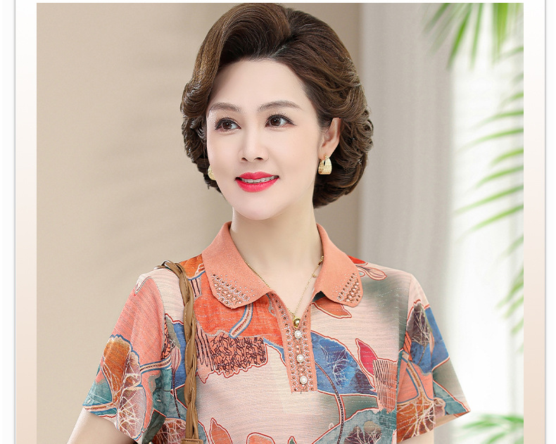 洋气妈妈装夏季短袖翻领T恤中老年人夏装宽松大码时尚印花小衫薄详情43
