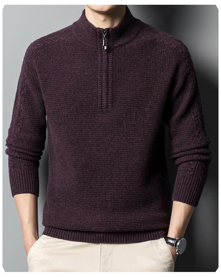 New autumn and winter 100% pure wool sweater for men, thickened semi-high neck zipper wool pullover business knitted sweater pic 16