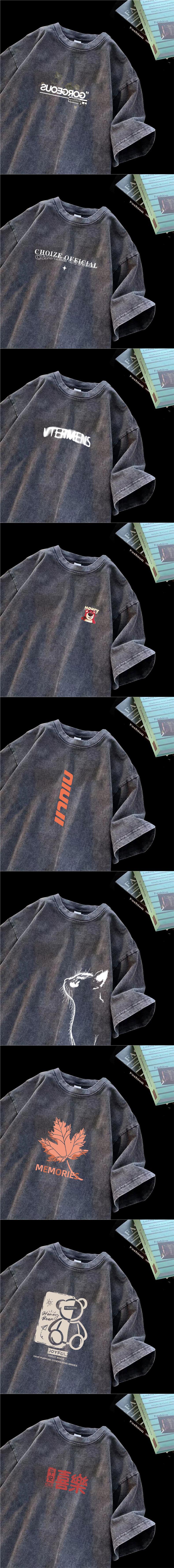 The same style of washed and aged heavy pure cotton American retro short-sleeved T-shirt for men, summer loose T-shirt, Hong Kong style trendy Instagram pic 2