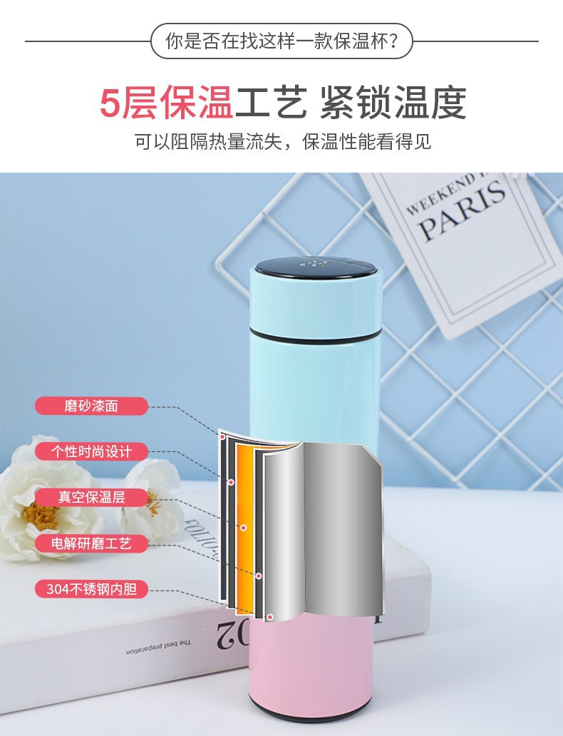 新款智能保温杯不锈钢时尚便携水杯渐变测温办公水杯可定LOGO批发详情7