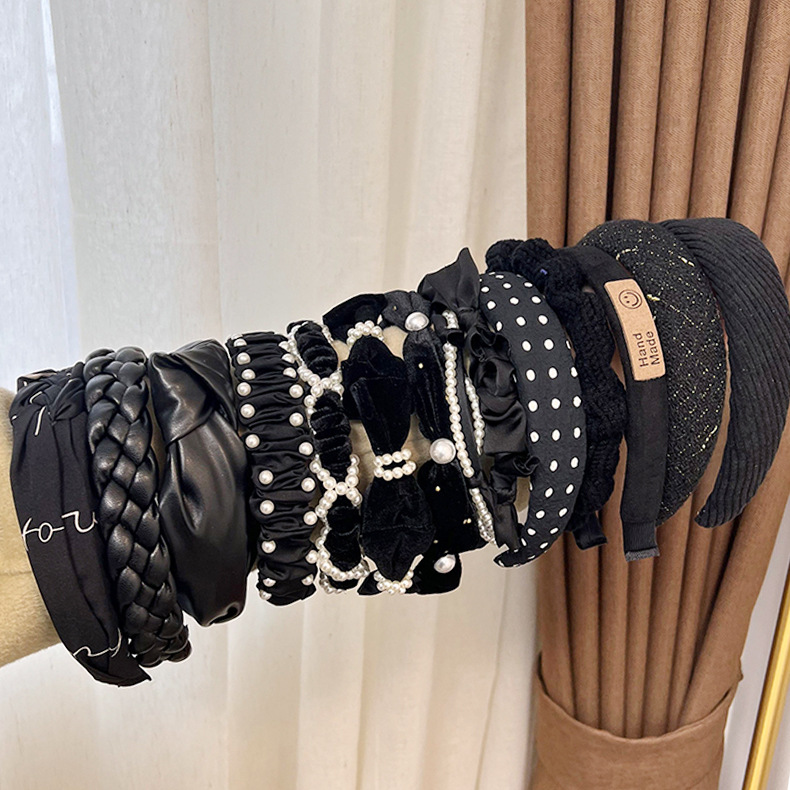 French elegant black hairband, sweet pearl braided hairpin, knitted height-increasing headband, wide-edge hairpin for women pic 4