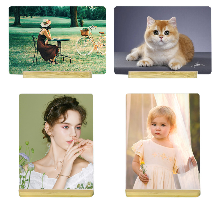 Modern and simple horizontal and vertical photo frame ornaments with bamboo and wood bases and blank display stands. The heat-sublimated aluminum photo frame can be placed horizontally or vertically pic 14