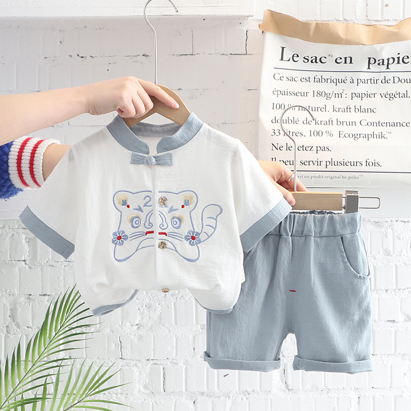 Niño chino estilo han bebé algodón lino manga corta ropa de estilo nacional para niños moda nacional para niños año del tigre conjunto de dos piezas pic 4