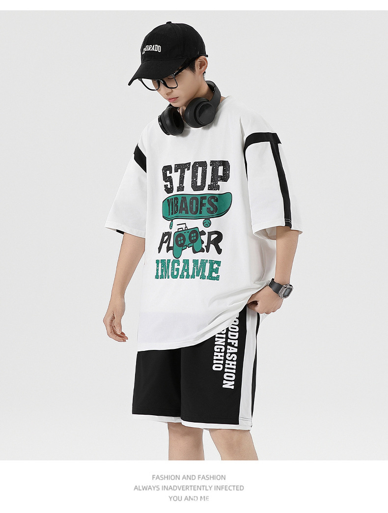 夏季薄款宽松短袖T恤套装批发青少年男初高中生潮流帅气两件套详情17