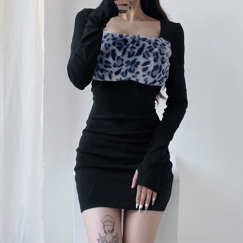 Foreign trade German velvet European and American leopard print sexy patchwork dress for women, thumb button long-sleeved, slimming and body-hugging base dress pic 21