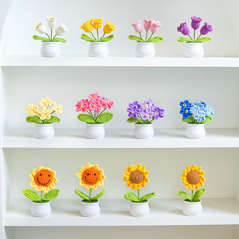 Finished hand-woven lily of the ear potted home decoration, knitted artificial flower yarn, crocheted sunflower bouquet gift pic 1
