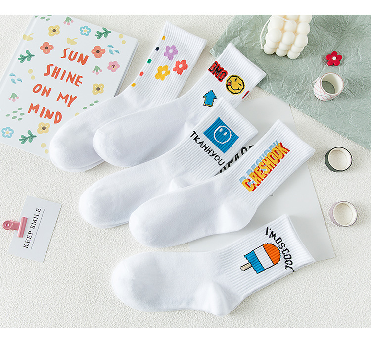 ins trendy and creative smiling cotton socks, a niche design for women with a school style cartoon print, mid-calf socks, sweat-absorbing and breathable socks pic 16