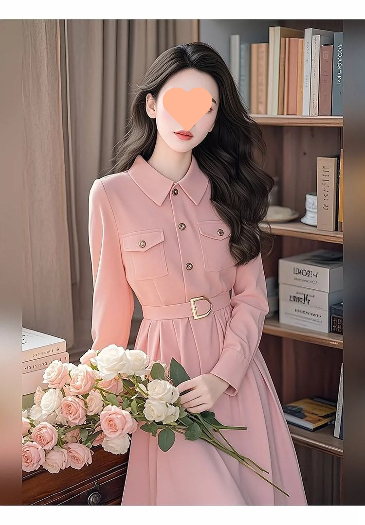 初秋钓系约会裙法式小香风正式场合收腰粉色长袖连衣裙女2024新款详情7